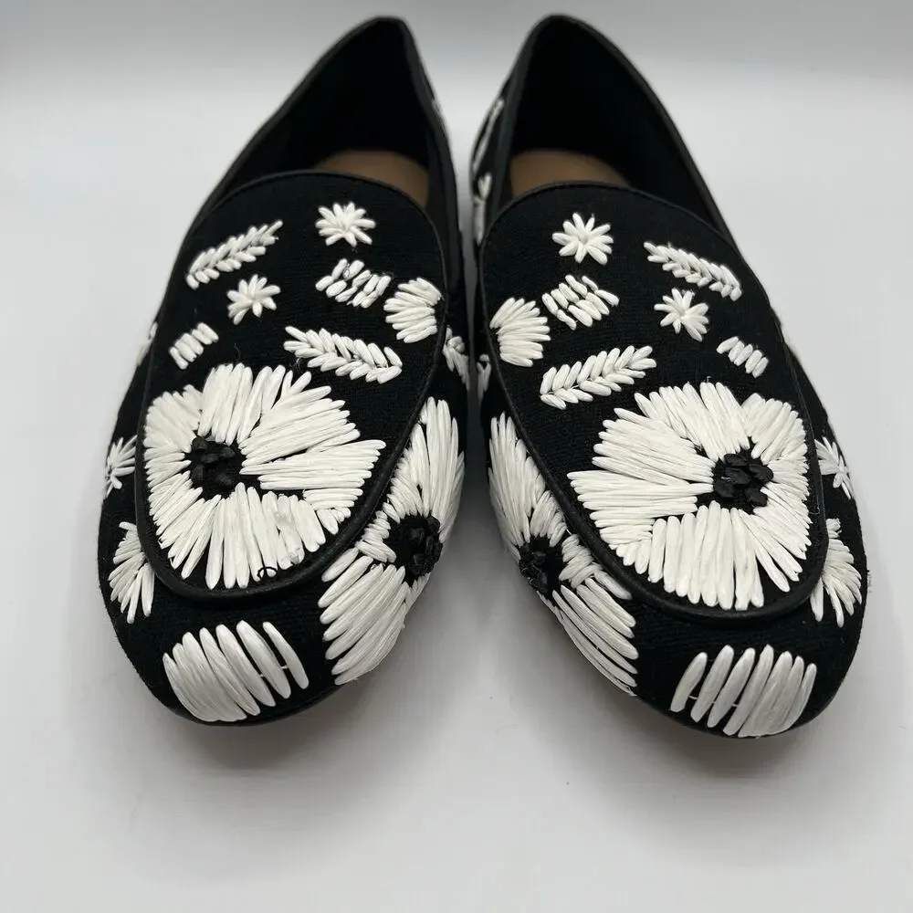Chico’s Harlo Embroidered Raffia Loafers Black Ecru Floral Size 9/9.5M NWT READ
